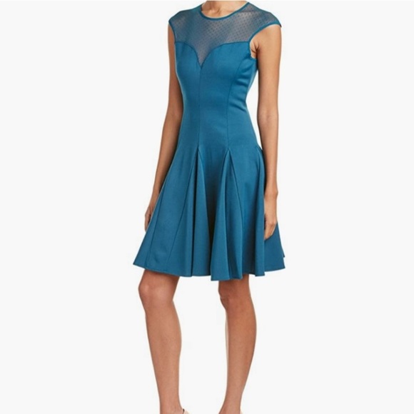 Halston Heritage Mesh Pointe Flare Dress Dark Cadmium Size Small - Picture 2 of 8